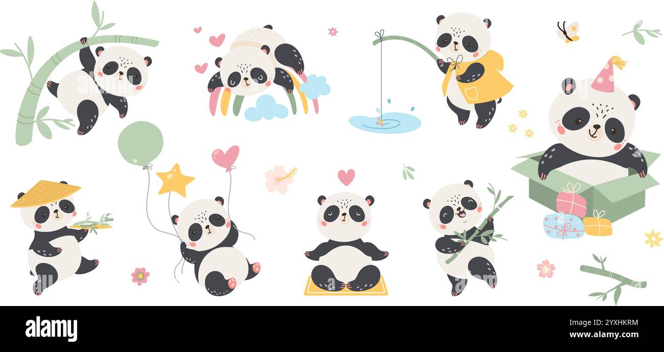 Personnages de panda de dessin animé. Panda diverses poses et émotions. Méditation drôle d'animal asiatique dormant sur arc-en-ciel accrocher sur la pêche au bambou, vecteur de nos jours Illustration de Vecteur