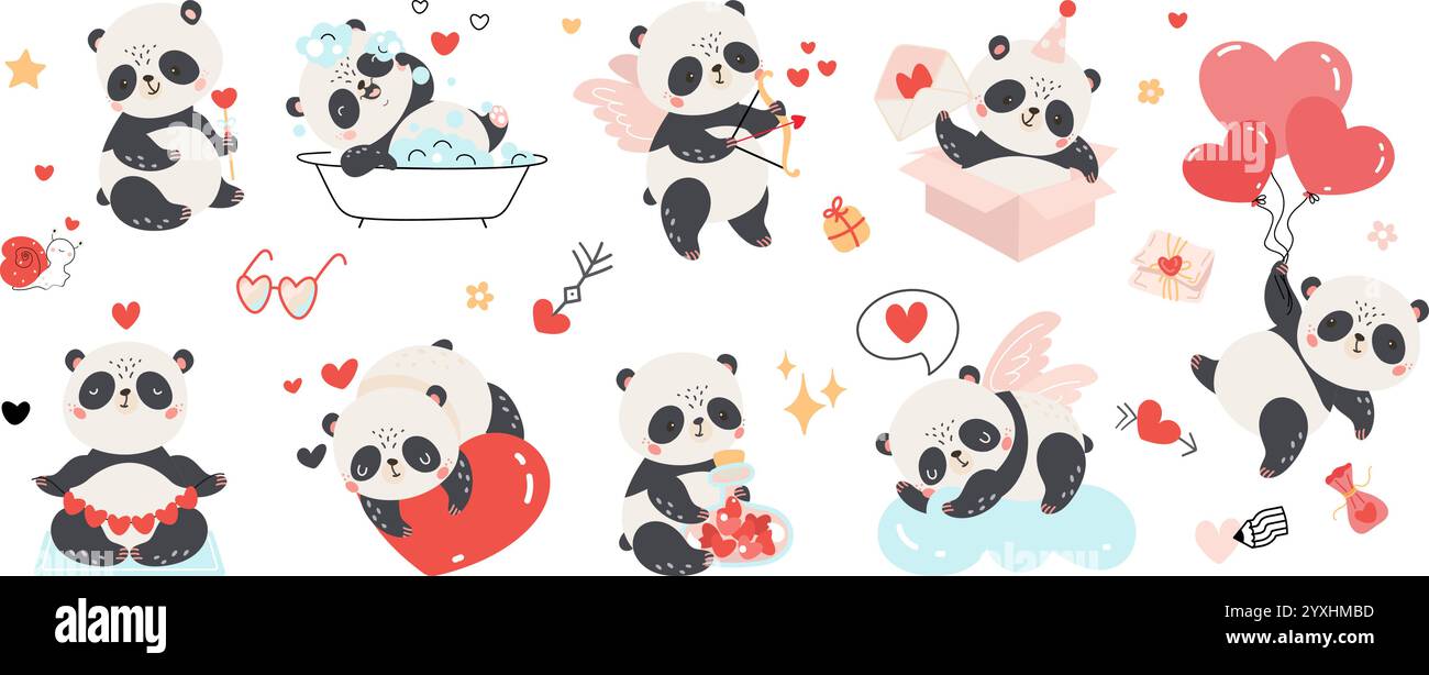 Panda amoureux. Pandas drôles avec des coeurs et des cadeaux. Personnages de Saint Valentin, animaux asiatiques exotiques rêvant, prendre un bain, méditer, de nos jours Illustration de Vecteur