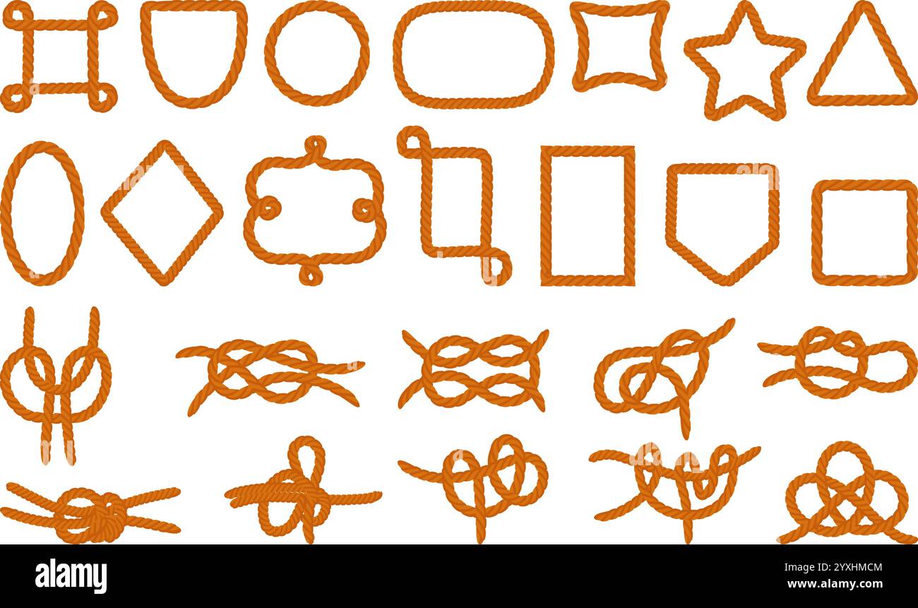 Jeu de cadres de corde. Bordures de chaîne différentes formes, cadre triangle carré étoile ronde. Nœuds de fils nautiques professionnels pour la voile, vecteur néotérique Illustration de Vecteur