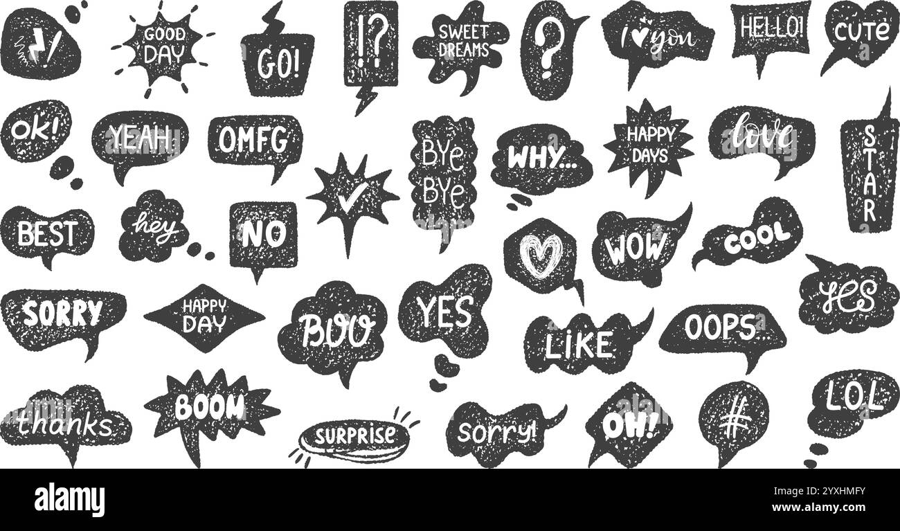 Crayon dessinant des bulles de parole. Crayon grunge craie ballons parler ou flammes de communication dessinées avec des phrases émotionnelles. Le message forme le vecteur néotérique Illustration de Vecteur
