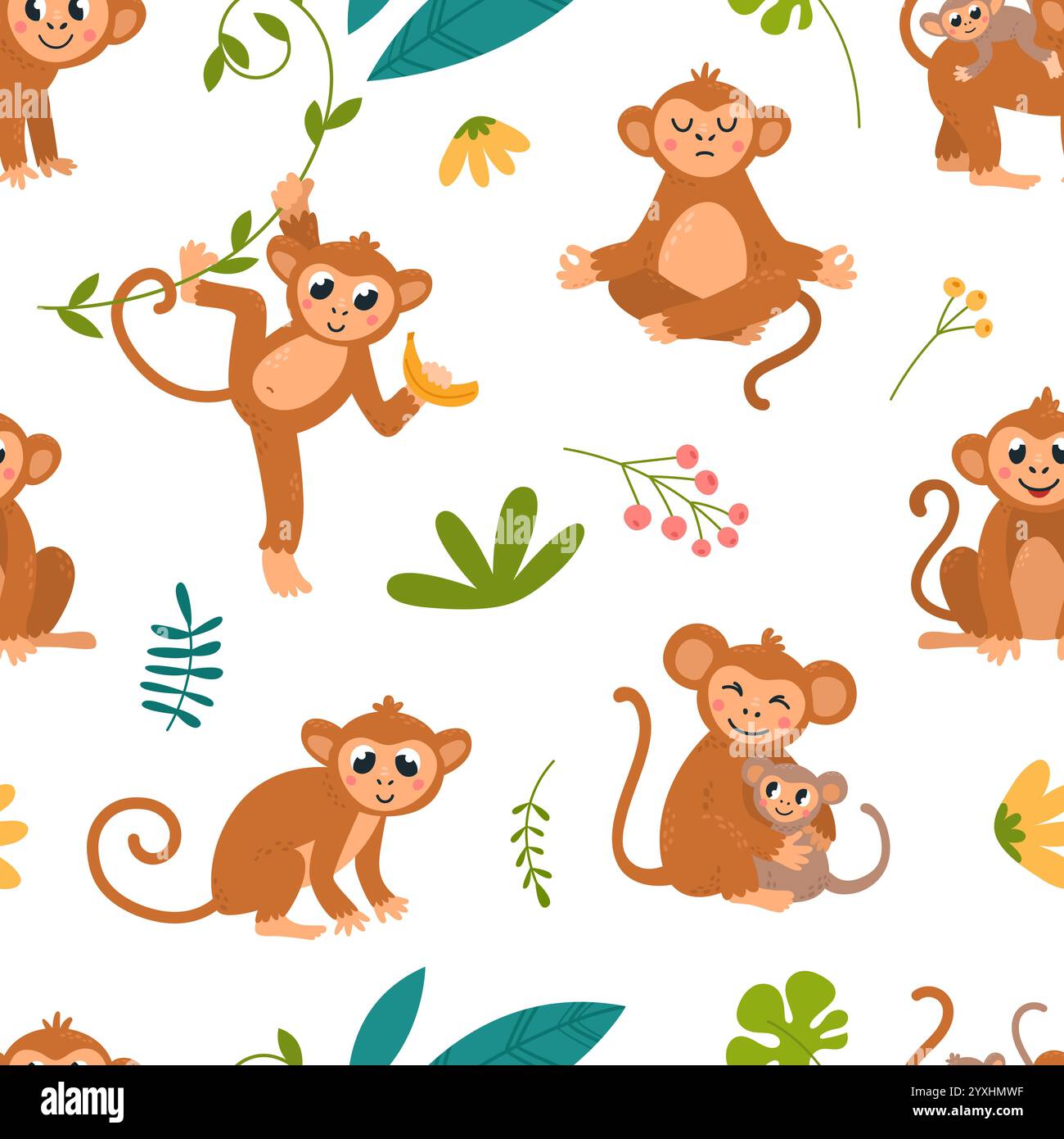 Motif singe drôle sans couture. Cute Monkeys divers personnages pose. Animaux exotiques enfants imprimé tissu, emballage ou vecteur classe de papier peint Illustration de Vecteur