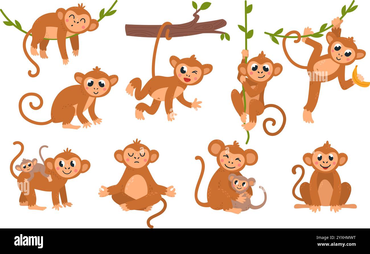 Personnages de singe mignons. Singes de la jungle de dessin animé sur la liane, tenir la banane, avec bébé. Animaux tropicaux dans diverses poses, ensemble de vecteurs chics drôles Illustration de Vecteur