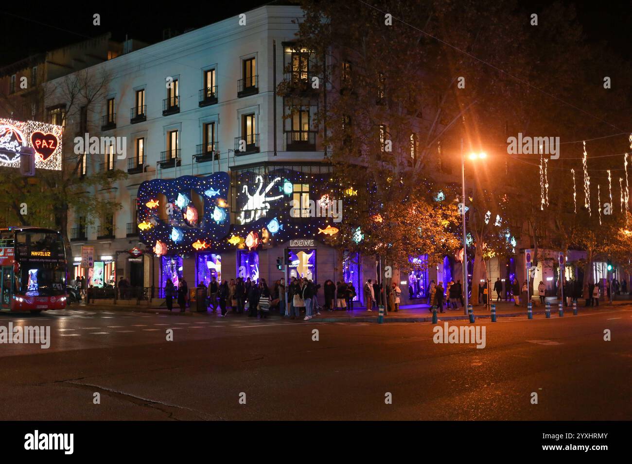 Madrid, Espagne, 16 décembre 2024 : la façade du magasin Loewe décorée de poissons pendant les lumières de Noël à Madrid, le 16 décembre 2024, à Madrid, Espagne. Crédit : Alberto Brevers / Alamy Live News. Banque D'Images