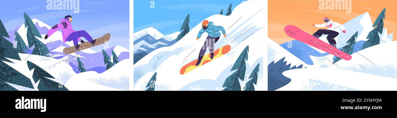 Scènes de snowboarders. Gens snowboard chevauchant la pente descendante, homme snowboard cavalier saut de ski station de ski hiver sport extrême en dehors du paysage de montagne Classy illustration vectorielle illustration originale Illustration de Vecteur