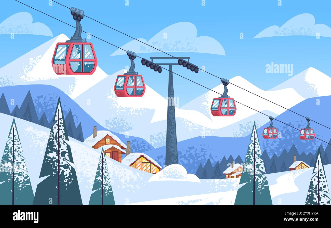 Téléphérique. Téléphérique de station de montagne enneigée d'hiver en suisse paysage d'autriche, skieurs piste snowboard Lift alpes scène extérieure de vacances, illustration vectorielle élégante illustration originale Illustration de Vecteur