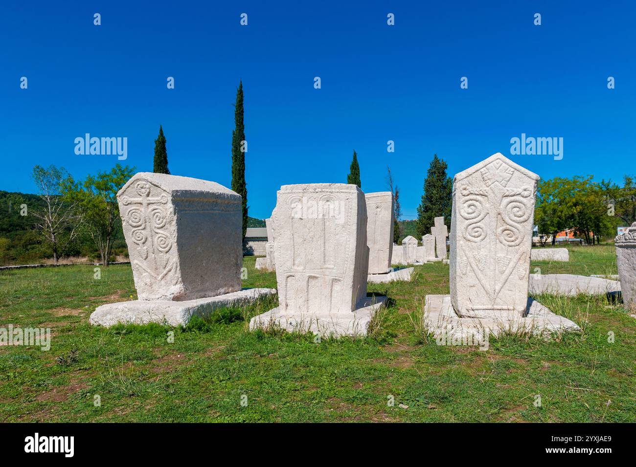 De nombreuses pierres tombales médiévales monumentales se trouvent dispersées à Stolac, en Herzégovine. Ces pierres tombales sont spécifiques à la Bosnie-Herzégovine. Banque D'Images