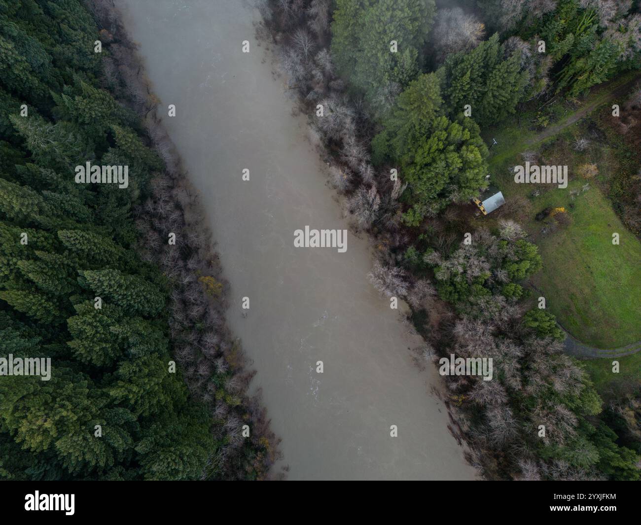 Une vue aérienne de la rivière Eel dans le comté de Humboldt, Californie du Nord après la pluie lorsque le niveau de l'eau est élevé et la rivière boueuse. Banque D'Images