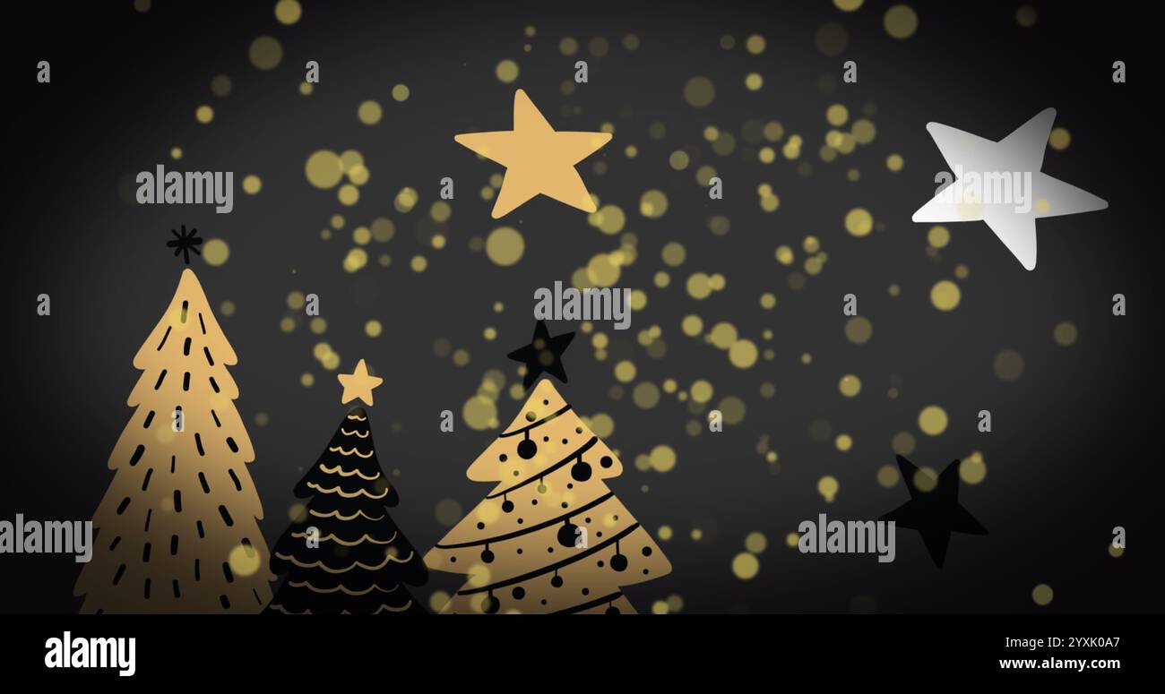 Image de points dorés et d'étoiles sur l'arbre de noël sur fond gris foncé. image générée numériquement par la tradition et le concept de fête de noël. Banque D'Images