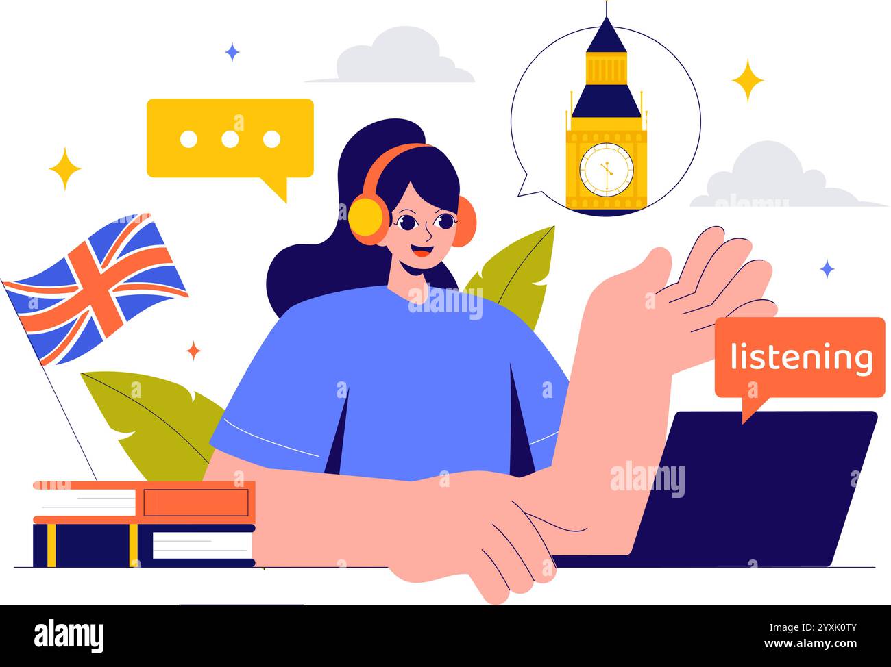 Illustration vectorielle de la langue anglaise mettant en vedette les étudiants qui étudient les langues étrangères, la communication globale et les leçons de grammaire élémentaire Illustration de Vecteur