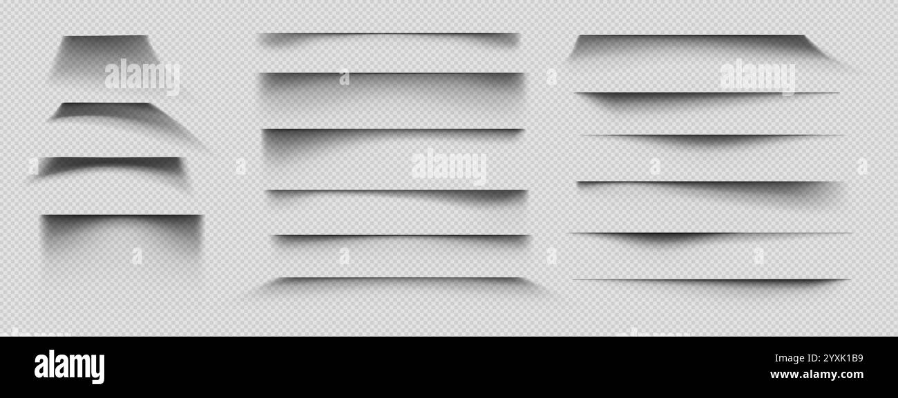 Effets d'ombre de page papier définis isolés sur un arrière-plan transparent. Illustration réaliste vectorielle de rectangle ou de bord de feuille carré, nuances noires granuleuses abstraites sur la surface, éléments de conception de site Web Illustration de Vecteur