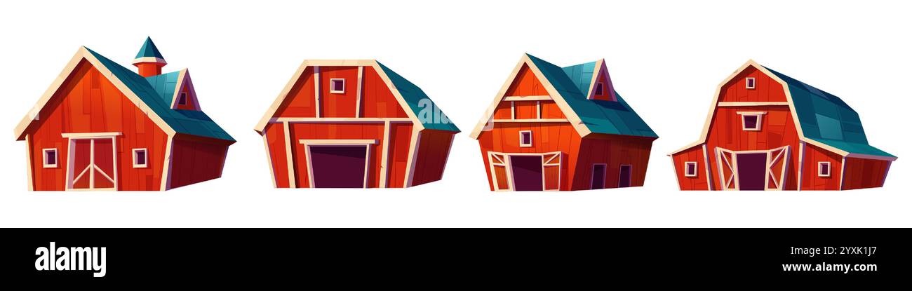 Grange de ferme rouge dans un style rural classique - structures en bois avec garniture blanche, fenêtres et portes, toits turquoise. Différentes conceptions architecturales avec entrée voûtée, stockage pour usage agricole. Illustration de Vecteur