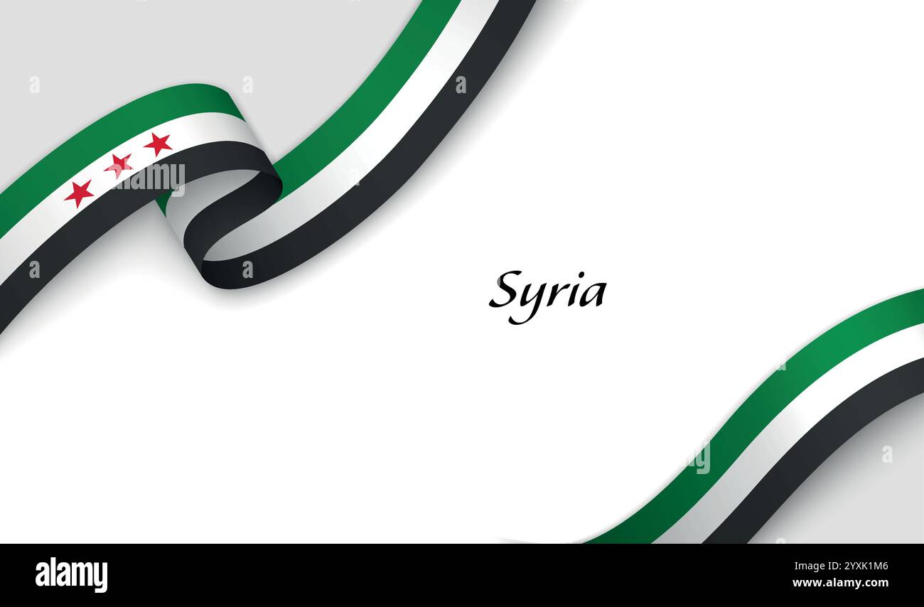 Ruban de drapeau syrien courbé avec des rayures vertes, blanches, noires et des étoiles rouges Illustration de Vecteur
