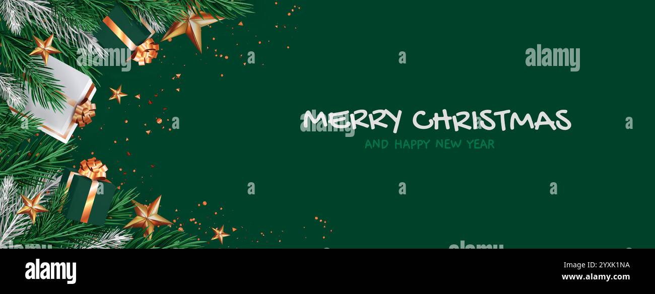 Fond de Noël avec bordure festive avec branches de pin, étoiles dorées et cadeaux emballés. Design vert émeraude avec des décorations en or, des boîtes-cadeaux blanches et un texte de voeux de vacances pour la bannière de Noël. Illustration de Vecteur