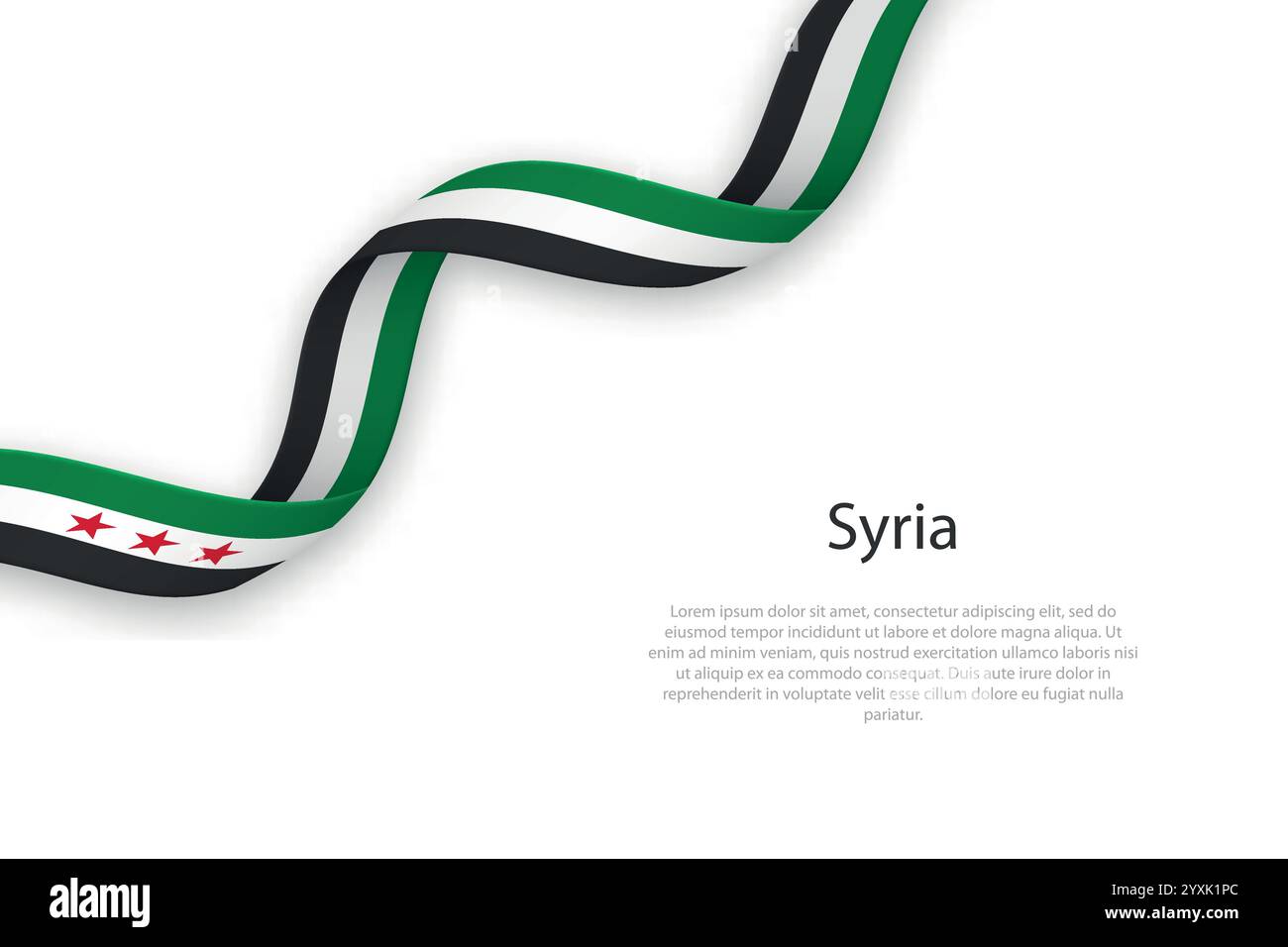 Ruban de drapeau syrien courbé avec des rayures vertes, blanches, noires et des étoiles rouges Illustration de Vecteur