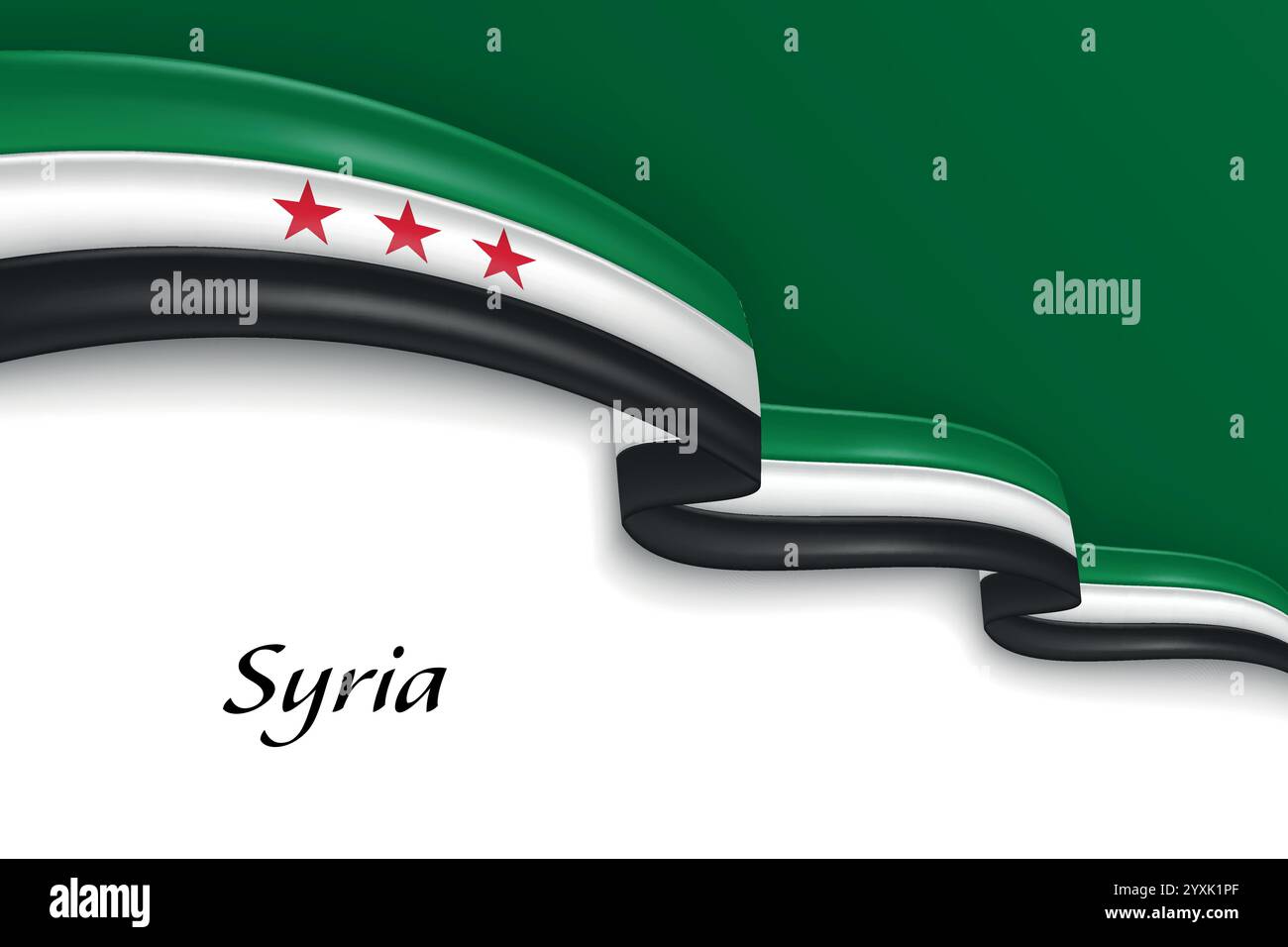 Ruban de drapeau syrien courbé avec des rayures vertes, blanches, noires et des étoiles rouges Illustration de Vecteur