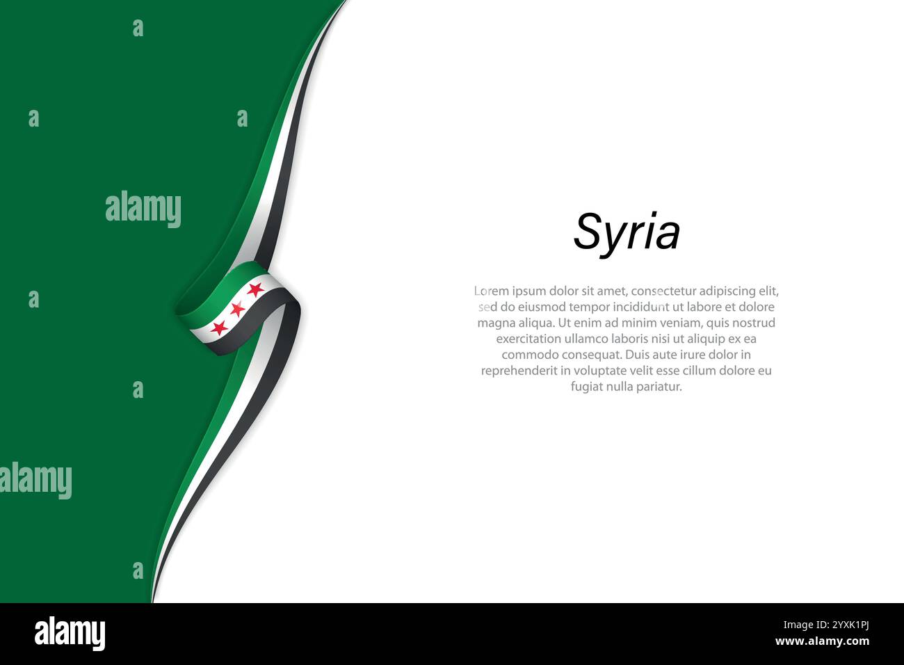 Ruban de drapeau syrien courbé avec des rayures vertes, blanches, noires et des étoiles rouges Illustration de Vecteur