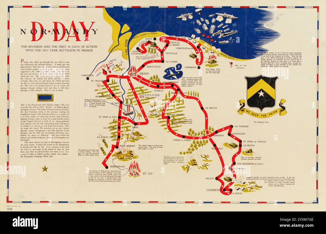 Guerre mondiale 2 - jour J Normandie - carte de l'invasion et des 48 premiers jours d'action avec le 743ème bataillon de chars en France Banque D'Images