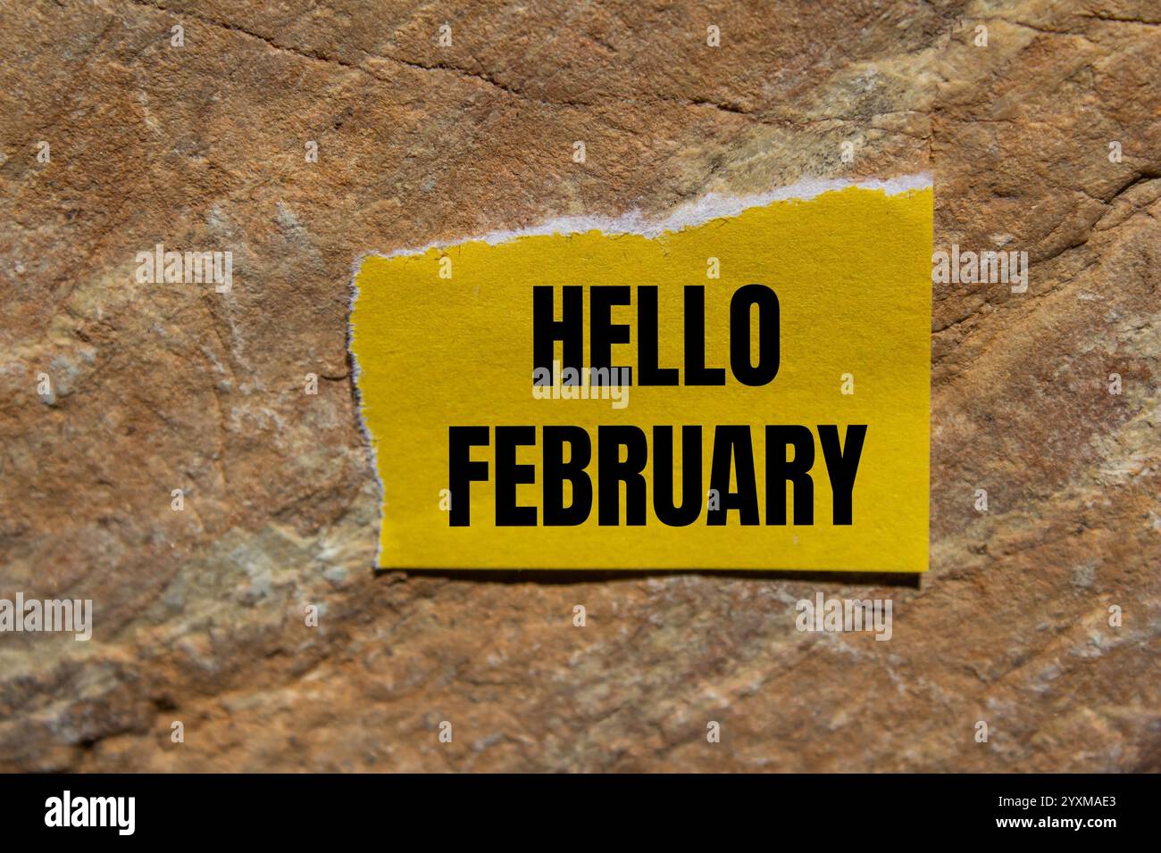 Bonjour février message écrit sur morceau de papier jaune déchiré déchiré avec fond de pierre. Symbole conceptuel bonjour février. Copier l'espace. Banque D'Images