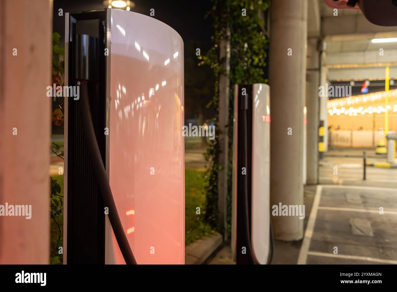 Une rangée de bornes de recharge de véhicules électriques modernes éclairées la nuit, mettant l'accent sur des solutions énergétiques innovantes et écologiques en milieu urbain. Banque D'Images