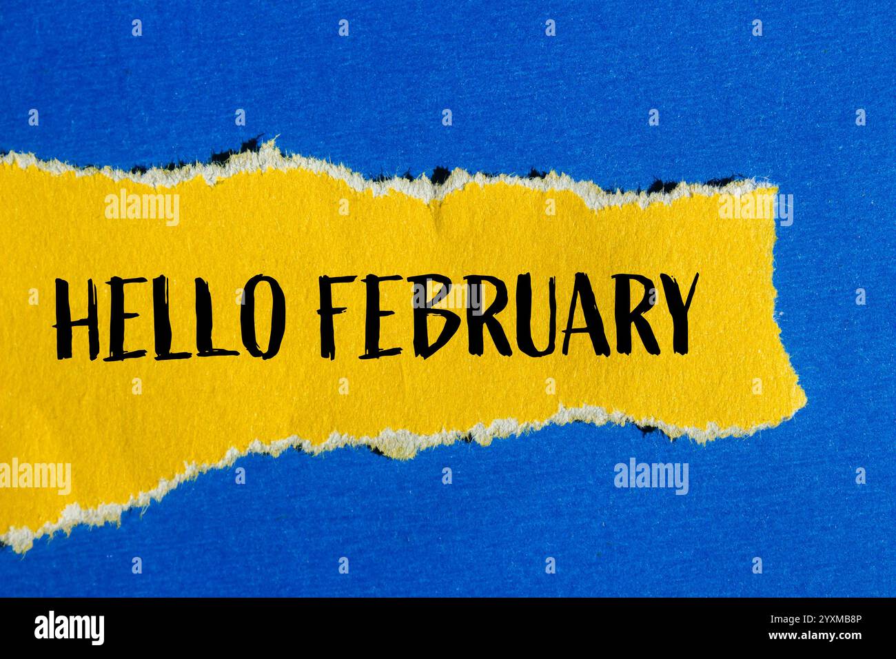 Bonjour février message écrit sur un morceau de papier jaune déchiré déchiré avec fond bleu. Symbole conceptuel bonjour février. Copier l'espace. Banque D'Images