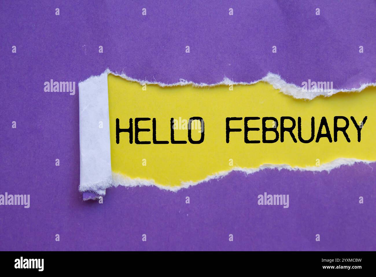 Bonjour février message écrit sur papier violet déchiré déchiré avec fond jaune. Symbole conceptuel bonjour février. Copier l'espace. Banque D'Images
