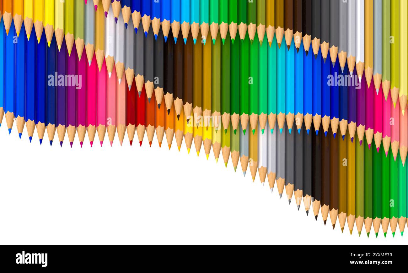 Arrangement ondulé crayons colorés fond transparent 3D. Banque D'Images