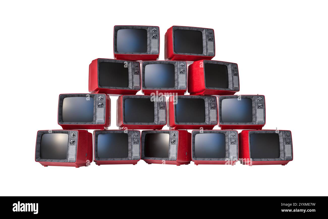 Téléviseurs vintage rouges formant pyramide fond transparent 3D. Banque D'Images