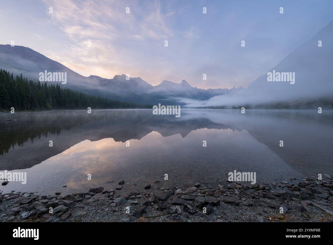 Misty Dawn, Elizabeth Lake, Glacier National Park, Montana, États-Unis Banque D'Images