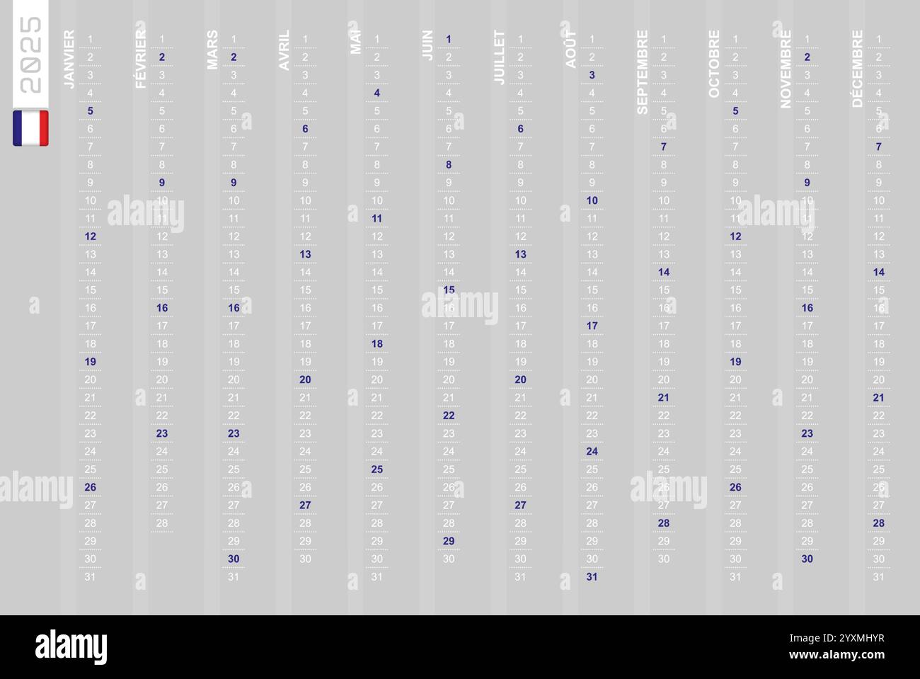 Calendrier vertical à une rangée pour l'année 2025 en français. Calendrier français pour 2025 avec les dimanches en surbrillance. Illustration vectorielle. Illustration de Vecteur