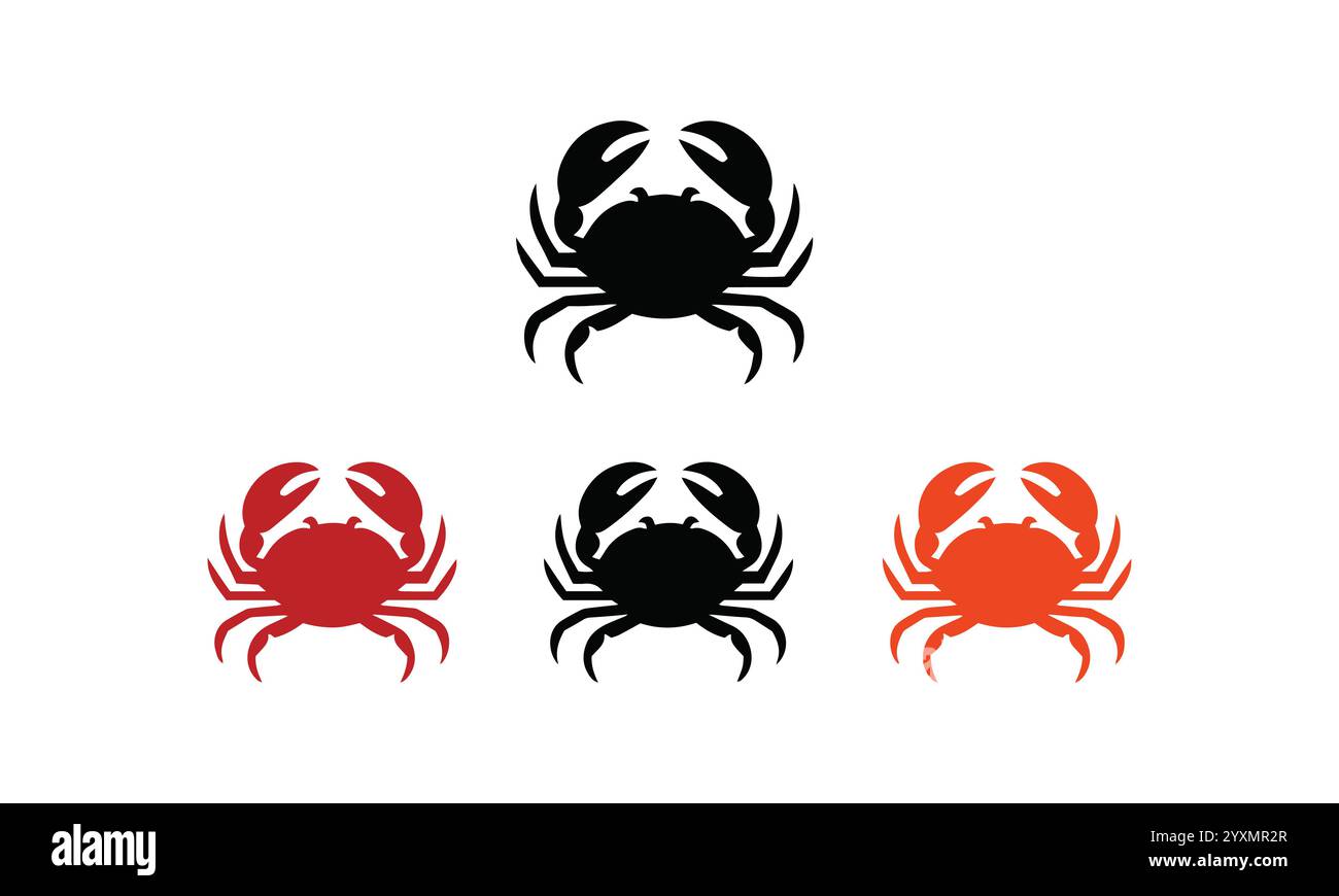 Ensemble de dessins vectoriels de silhouette de crabe noirs et colorés pour des thèmes marins, des symboles aquatiques, des œuvres d'art numériques, des projets océaniques, facilement modifiables. Illustration de Vecteur