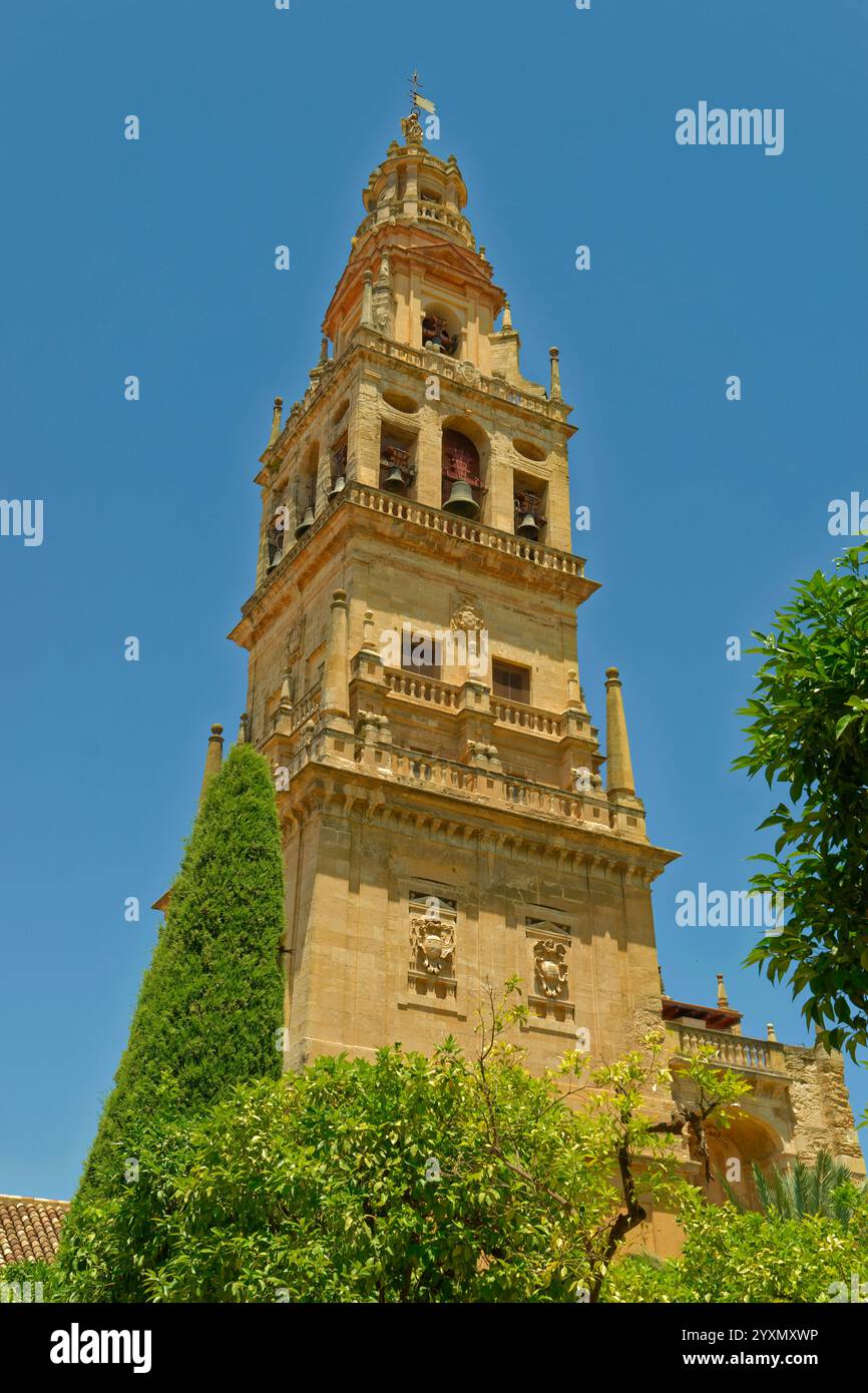 Clocher historique de la Mezquita-Catedral de Córdoba à Cordoue, province de Cordoue dans le centre de l'Espagne. Banque D'Images