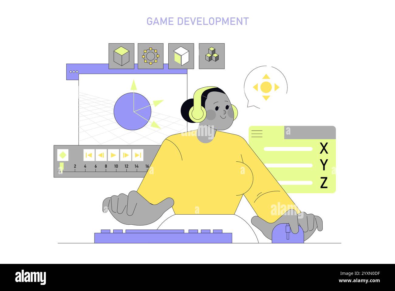 Women in Technology concept. Développeur de jeux féminin travaillant sur l'infographie, mettant en valeur la diversité dans les domaines technologiques. Illustration vectorielle. Illustration de Vecteur