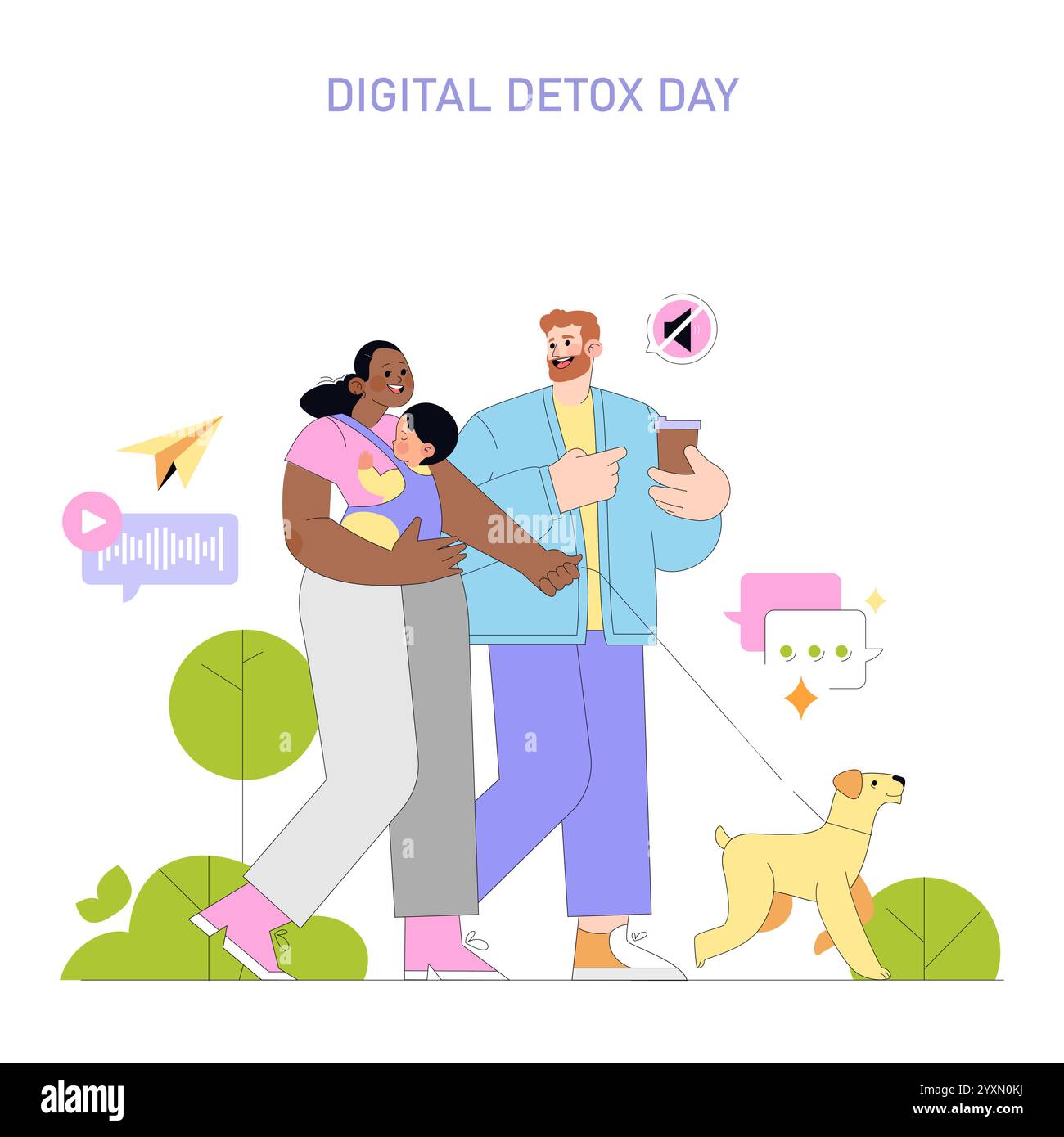 Concept Digital Detox Day. Famille privilégiant les activités de plein air plutôt que la technologie. Se déconnecter d'appareils numériques, profiter du temps libre avec l'animal de compagnie. Illustration vectorielle. Illustration de Vecteur