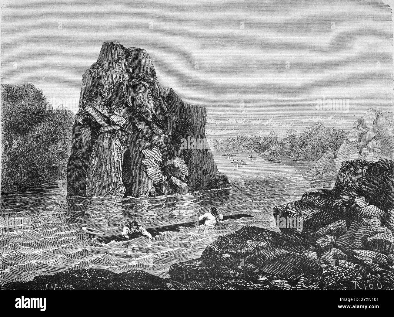 Les Indiens anti ou Antis ont chaviré sur la rivière 'Antihuaris', probablement la rivière Ucayali aujourd'hui, au Pérou, en Amazonie, en Amérique du Sud. Anti est un nom inca pour le peuple indigène Ashaninka ou Ashaninca de la forêt amazonienne du Pérou et du Brésil en Amérique du Sud. Gravure vintage ou historique ou illustration 1864. Banque D'Images