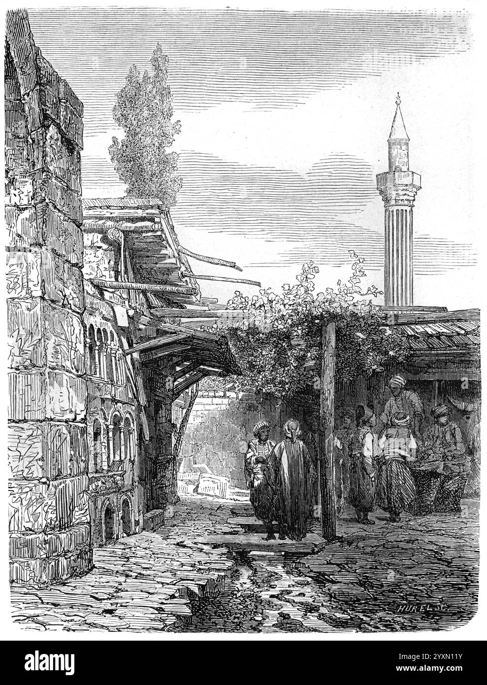 Maisons de village construites à partir de ruines et monuments funéraires de l'ancienne cité phrygienne et gréco-romaine d'Eucarpia ou Eukarpia, probablement le village actuel d'Emirhissar dans Afyon ou Afyonkarahisar Province Turquie. Gravure vintage ou historique ou illustration 1864 Banque D'Images