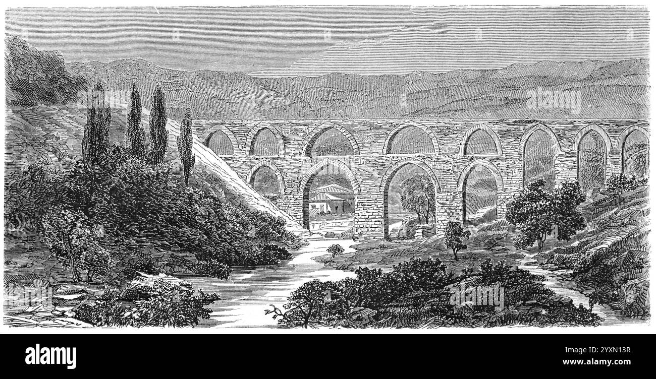 Aqueduc romain de Kizilçullu au-dessus de la rivière Melez ou de la rivière Meles Izmir, ancienne Smyrme, Turquie. Gravure vintage ou historique ou illustration 1864 Banque D'Images