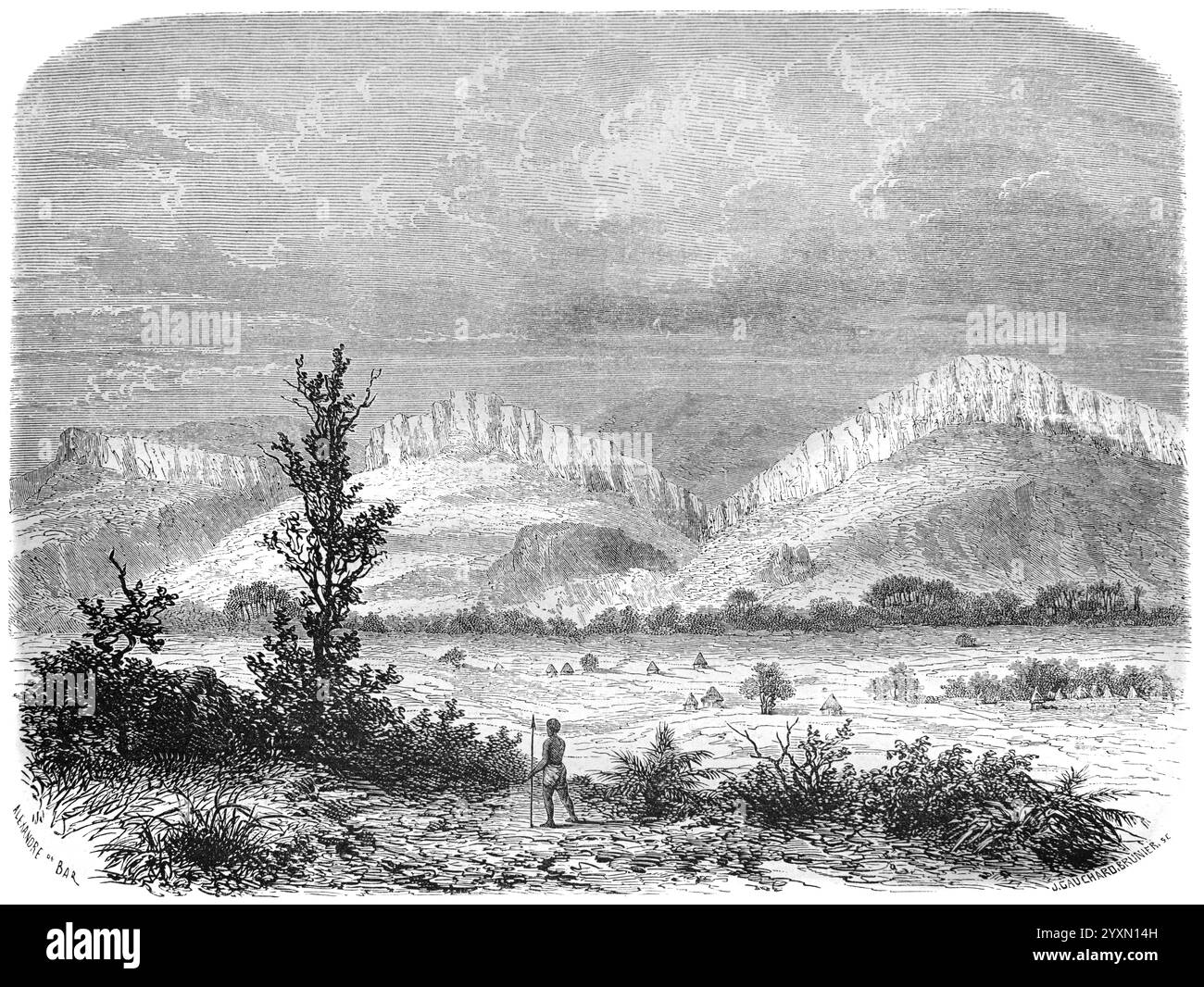Montagnes, chaîne de montagnes, collines et plaines dans la vallée d'Outhoungu Soudan du Sud Afrique. Gravure vintage ou historique ou illustration 1864 Banque D'Images