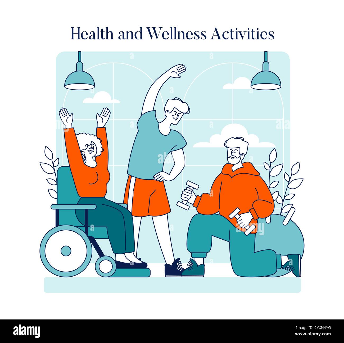 Concept de routine d'exercice senior. Personnes âgées pratiquant des activités de fitness légères. Vieillissement actif, promotion de la santé et soutien communautaire. Illustration vectorielle. Illustration de Vecteur