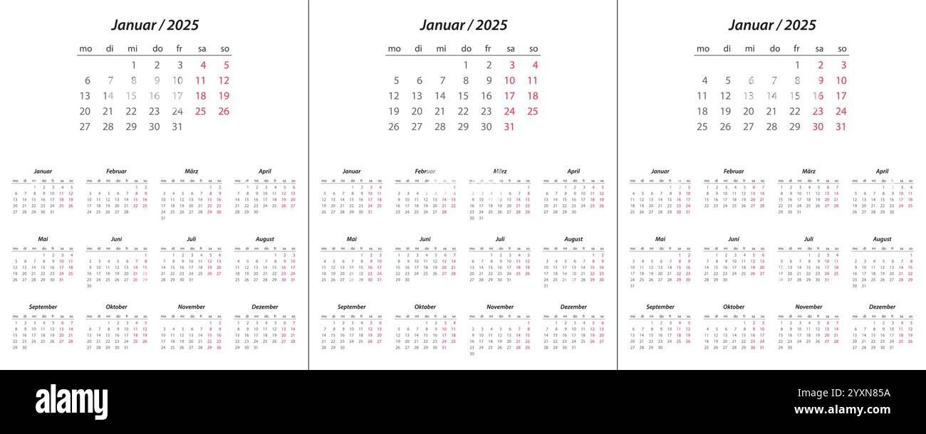 Calendrier 2025, calendrier 2026, calendrier 2027 sur la semaine de langue allemande début lundi modèle de planificateur de conception d'entreprise Illustration de Vecteur