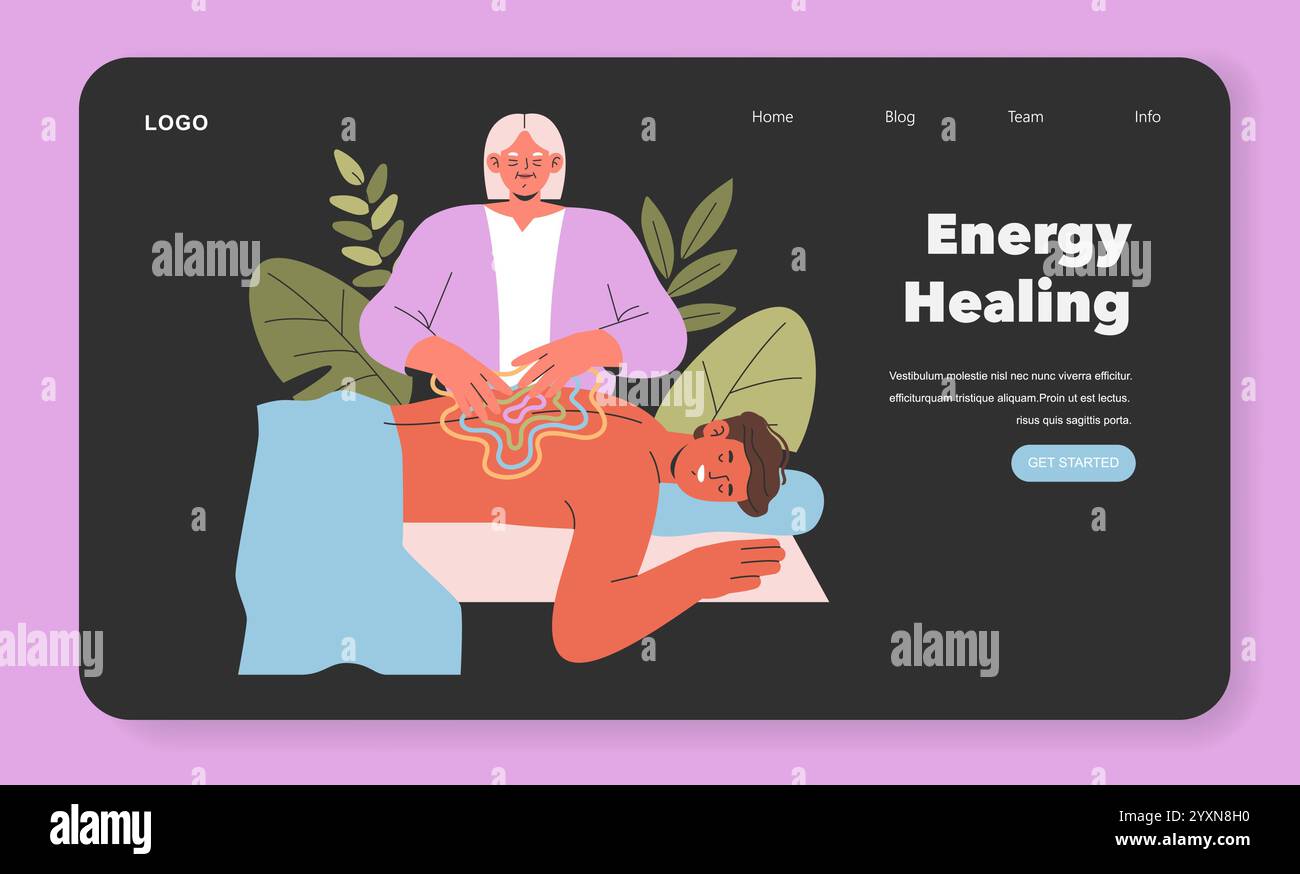 Concept de pratiques spirituelles. Une illustration sereine de la guérison énergétique avec un patient expérimenté une thérapie holistique. Médecine alternative et séance d'alignement des chakras. Illustration vectorielle. Illustration de Vecteur