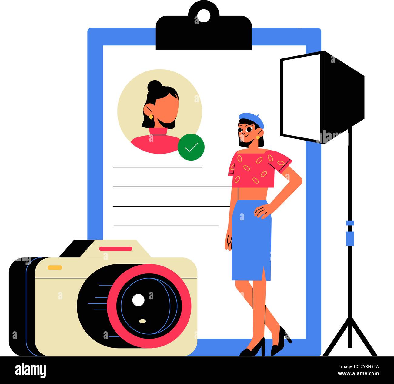 Modèle féminin posant avec Portfolio de profil et caméra dans illustration vectorielle plate symbolisant Casting, talent audition et Studio de photographie Illustration de Vecteur