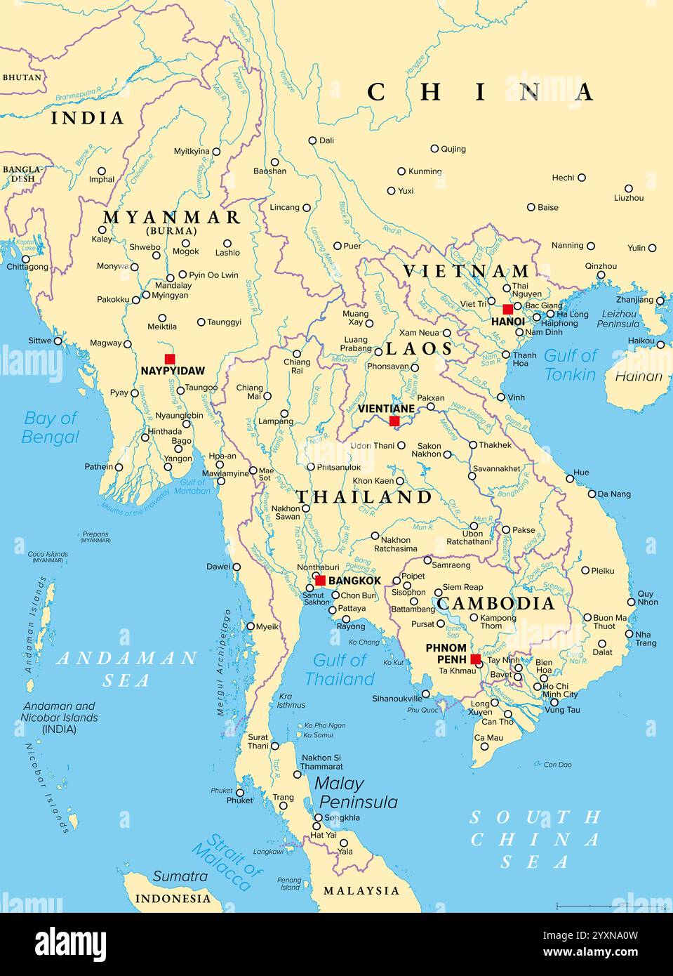 Partie nord de l'Asie du Sud-est continentale, carte politique des transports. Pays Thaïlande, Vietnam, Myanmar, Laos et Cambodge. Banque D'Images