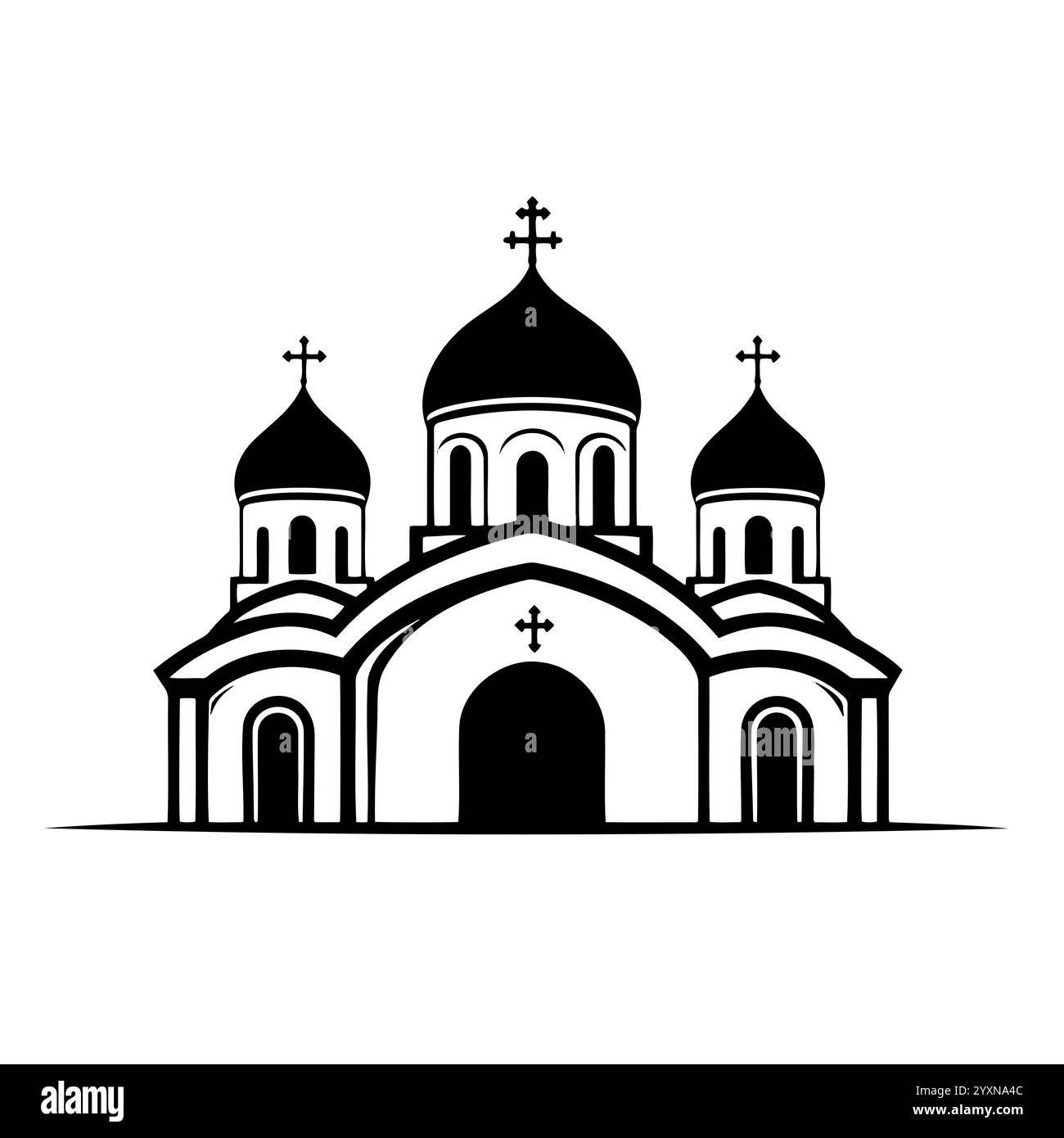 Silhouette d'église orthodoxe avec des dômes et des croix en noir et blanc, conception architecturale religieuse minimaliste Illustration de Vecteur
