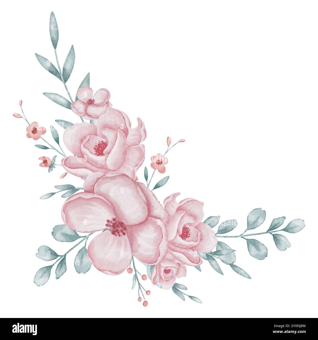 Aquarelle cadre d'angle floral avec des roses roses, des feuilles vertes et des branches délicates. Illustration avec des fleurs pour des invitations de mariage ou des cartes de douche de bébé. Bouquet pastel doux de floraison pour modèle. Banque D'Images