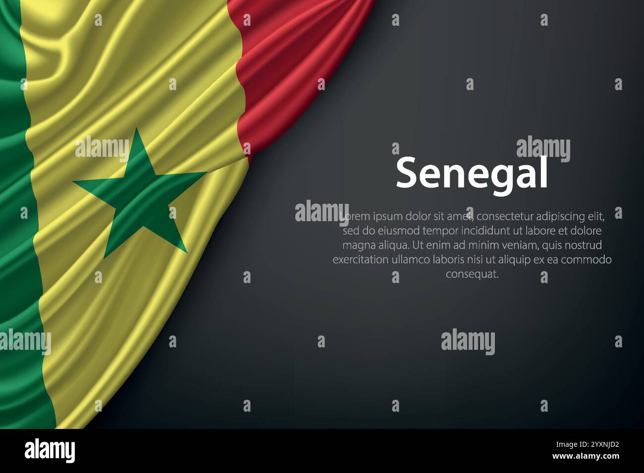 Représentation réaliste du drapeau du Sénégal avec une texture fluide sur un fond sombre. Illustration de Vecteur