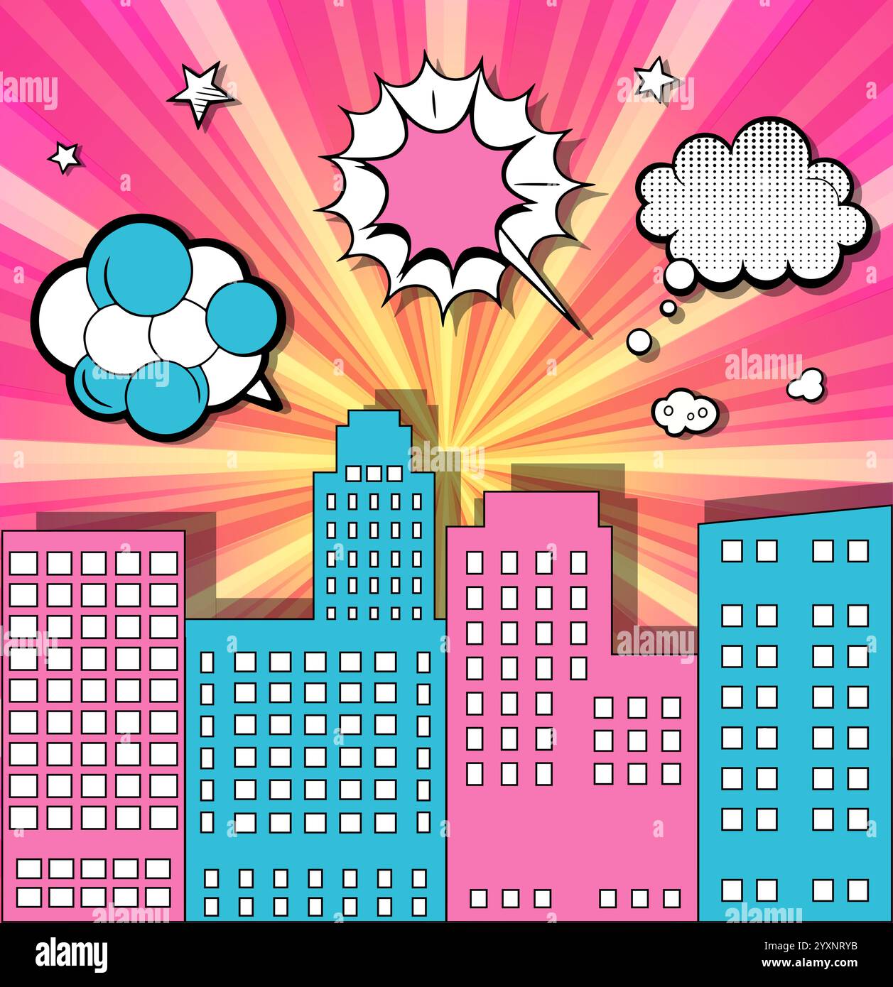 Paysage urbain dynamique de style bande dessinée avec des bâtiments colorés, des bulles de parole et des rayons de soleil rayonnants créant une scène dynamique et ludique Illustration de Vecteur Paysage urbain dynamique de style bande dessinée avec des bâtiments colorés, des bulles de parole et des rayons de soleil rayonnants créant une scène dynamique et ludique Illustration de Vecteur