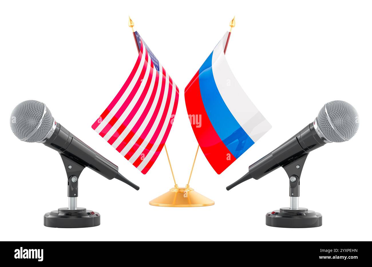 Dialogues Russes-USA, concept. Deux microphones avec drapeaux des États-Unis et de la Russie. Rendu 3D isolé sur fond blanc Banque D'Images