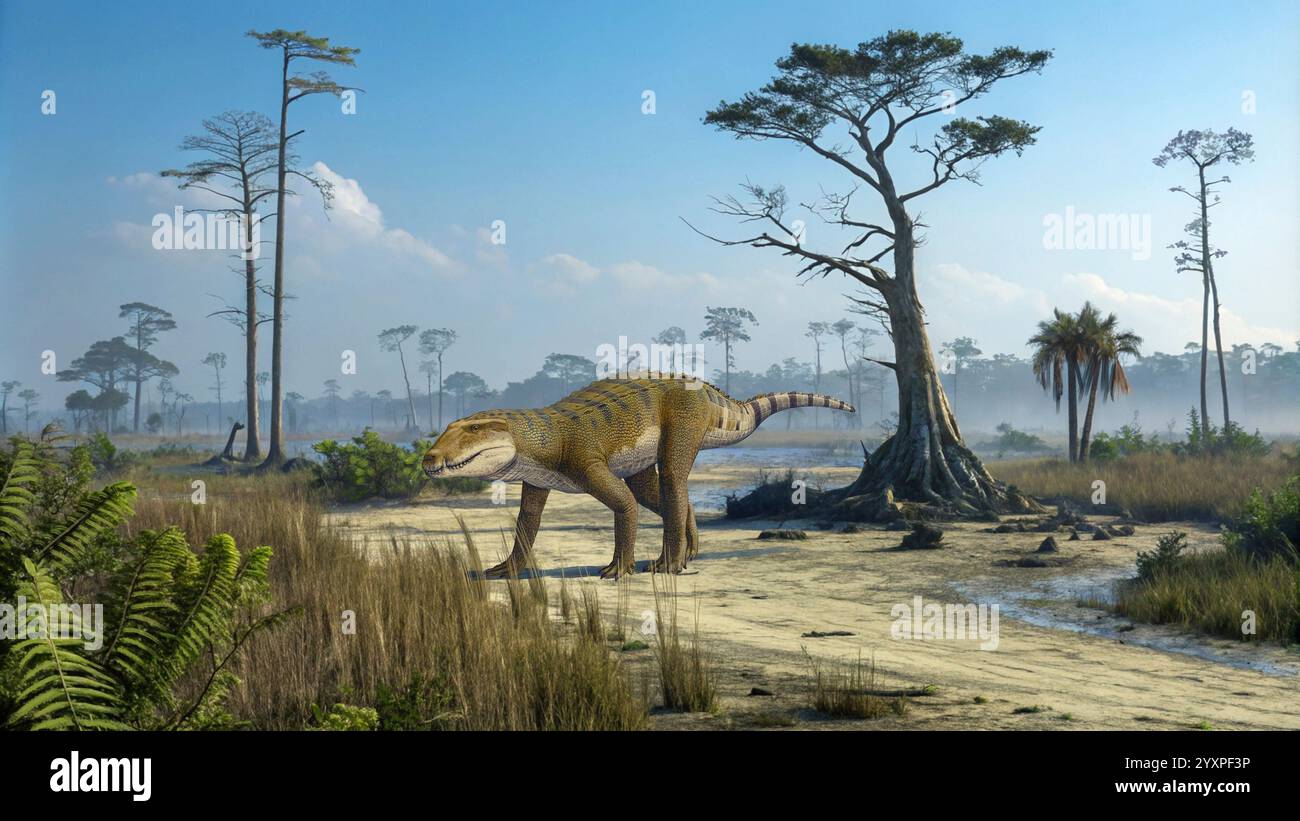 Iberosuchus macrodon arpentant un paysage de l'ère cénozoïque. Banque D'Images