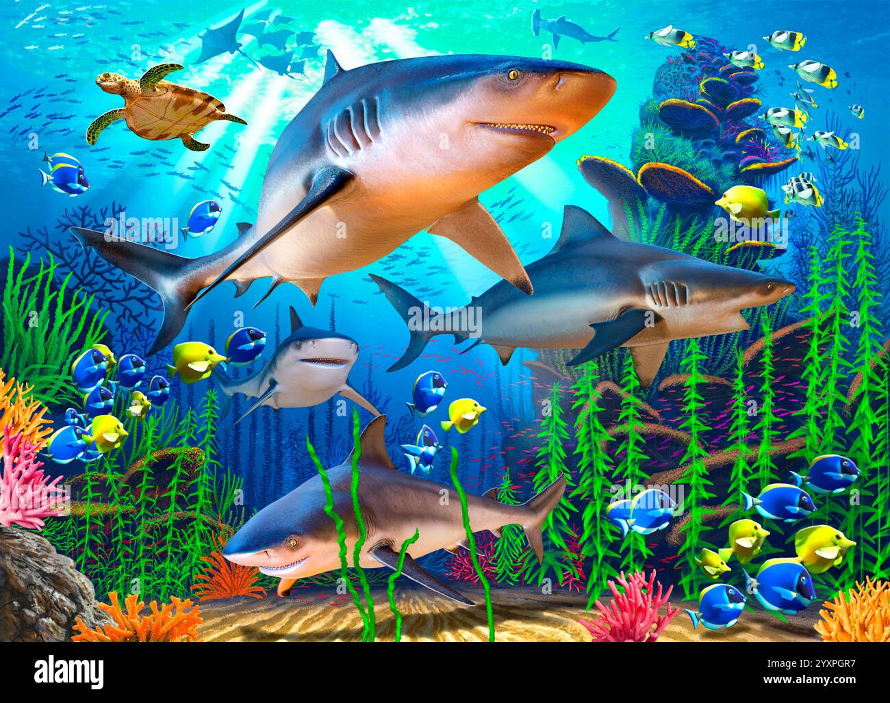 Écosystème sous-marin de requins, poissons et tortues de mer nageant autour d'un récif. Banque D'Images