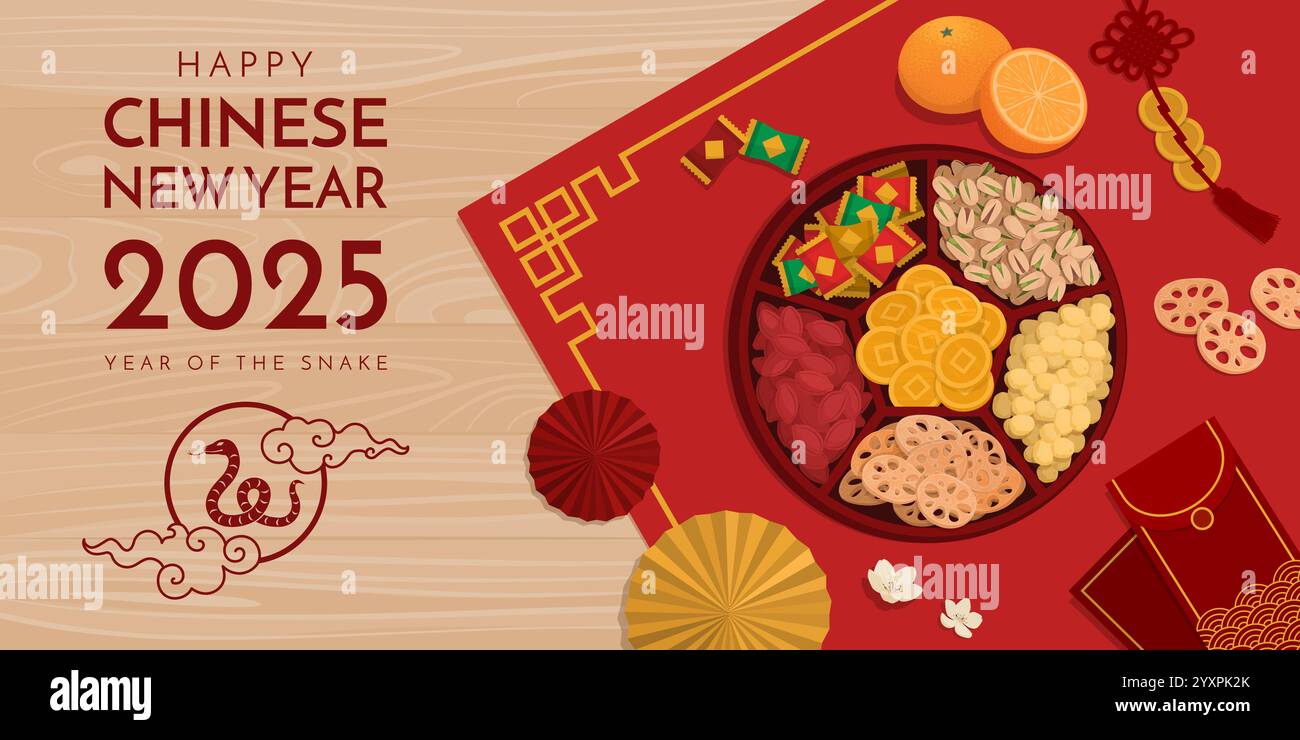 Boîte à bonbons chinoise traditionnelle avec des friandises sur une table, concept de célébration du nouvel an chinois, bannière avec espace de copie Illustration de Vecteur